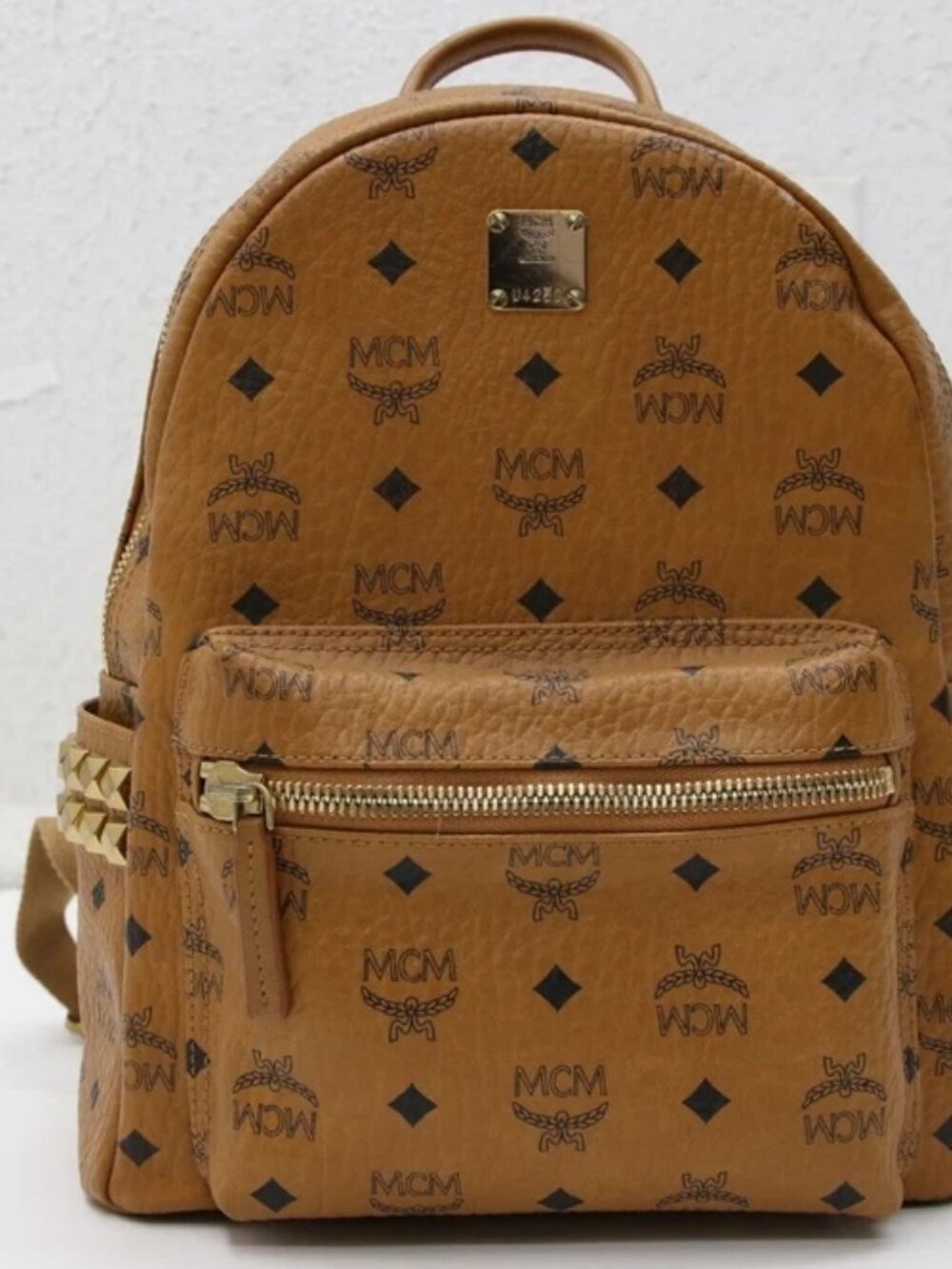 MCM Stark Backpack Small Visetos Cognac Brown Leather Studs